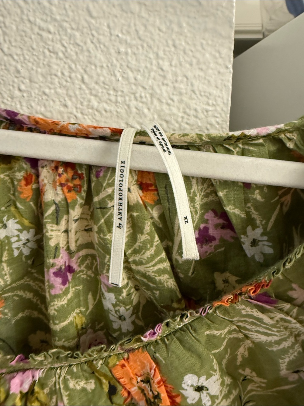Anthropologie ruffled v-neck peasant blouse green floral 2X - Picture 3 of 4